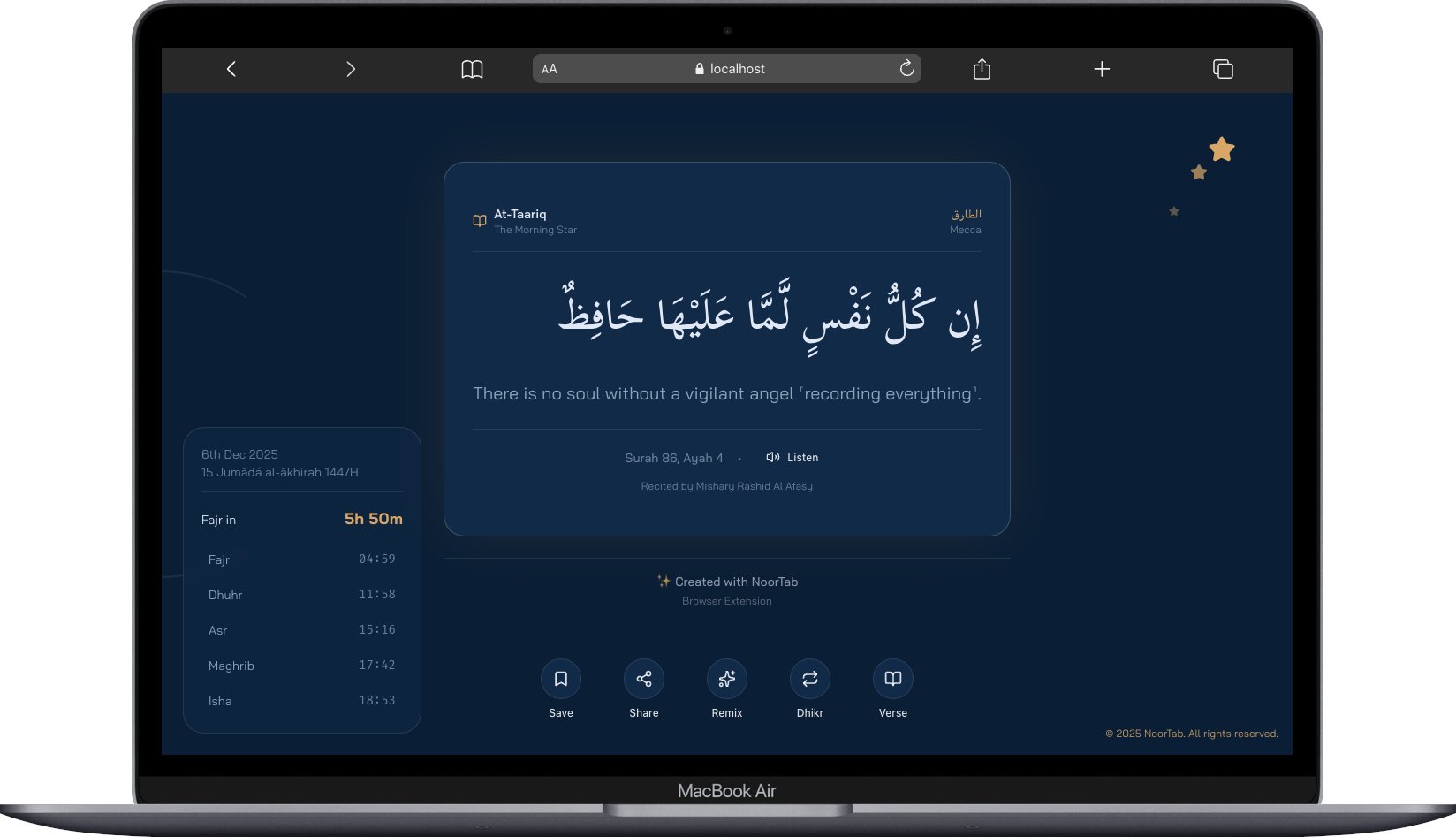 NoorTab browser extension preview showing Quranic verse on new tab